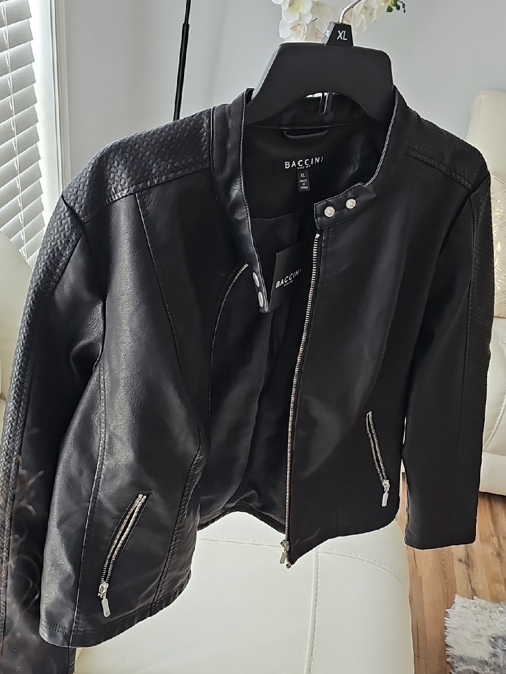 Women's Baccini Black Faux Leather Biker Jacket with Quilted Shoulders